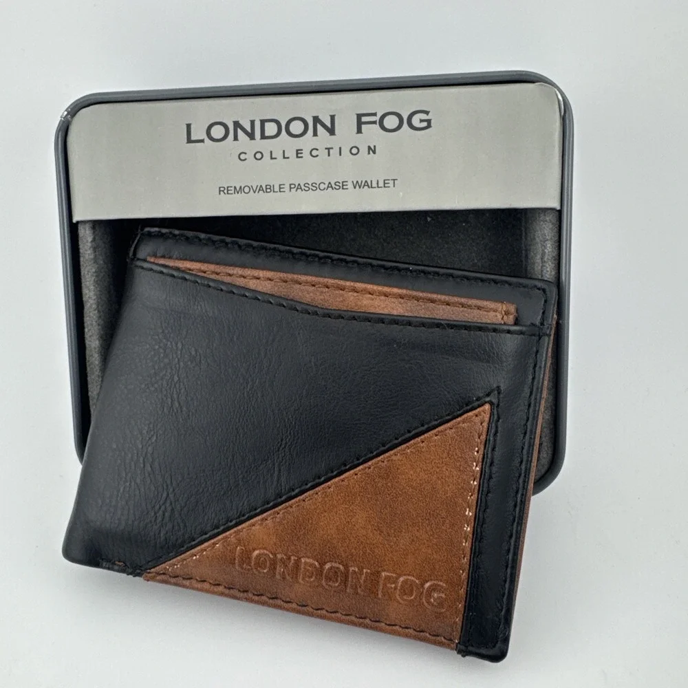 London Fog Mens Leather Bifold Passcase Wallet Brown Black RFID Blocking Tin